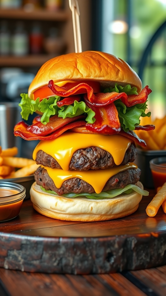 A Gourmet Burger with beef patty, cheese, bacon, lettuce, and tomato on a toasted bun, served with fries.
